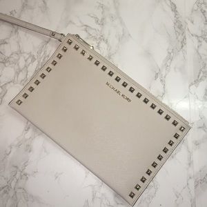 Michael Kors leather studded wristlet clutch white